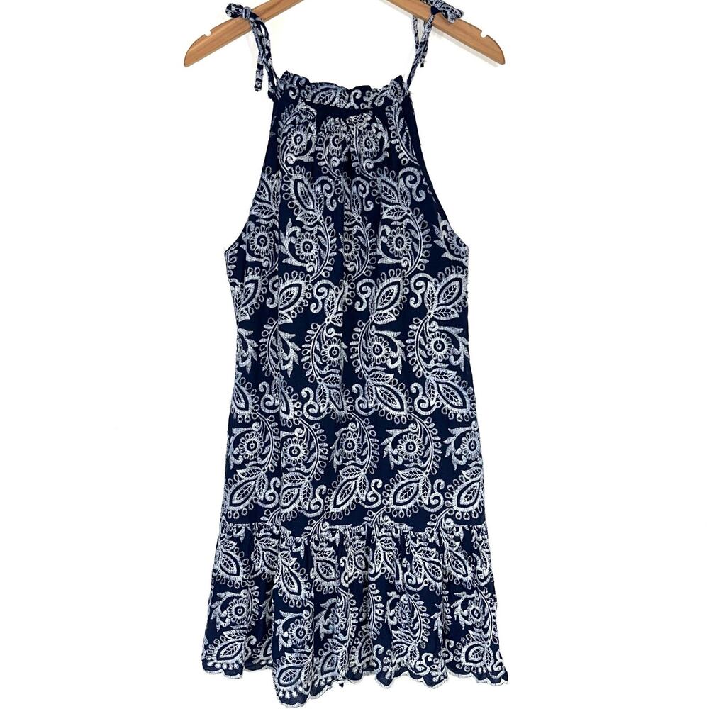 Taylor Blue White Paisley Embroidered Shift Ruffle Hem Mini Dress Size 10